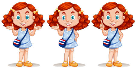 Red hair girl in three poses illustrationのイラスト素材