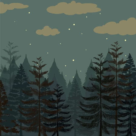 Pine forest at night time illustrationのイラスト素材