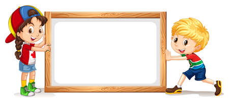 Girl and boy by the wooden frame illustrationのイラスト素材