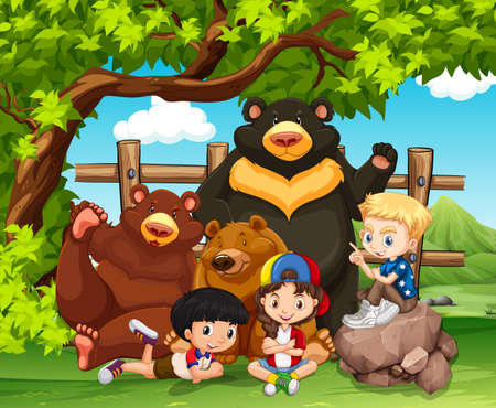 Children and wild bears together illustrationのイラスト素材