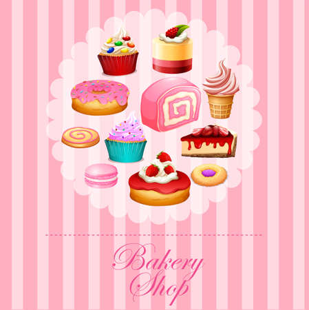 Different kind of desserts in pink illustrationのイラスト素材