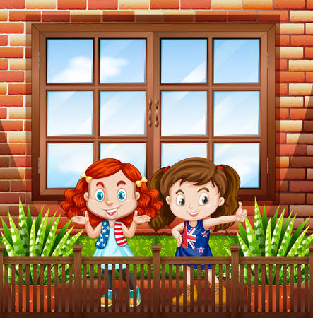 Little girls standing outside the house illustrationのイラスト素材