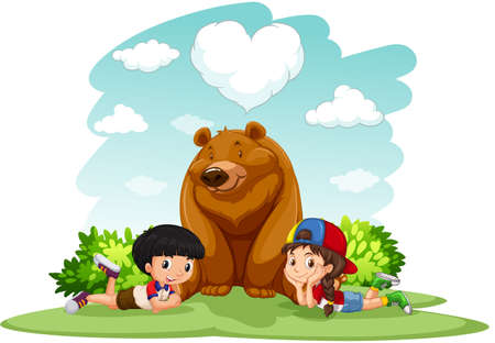 Children sitting with bear  illustrationのイラスト素材