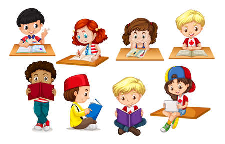 Children reading and writing illustrationのイラスト素材