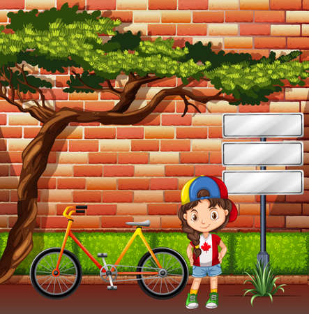 Little girl standing by the bicycle illustrationのイラスト素材