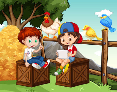 Boy and girl hanging out in the farm illustrationのイラスト素材
