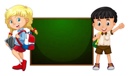 Boy and girl standing by the board illustrationのイラスト素材