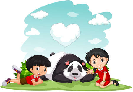 Asian boy and girl sitting with panda illustrationのイラスト素材