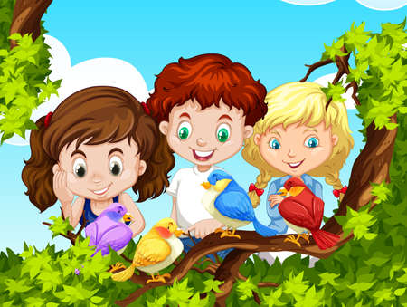 Children looking at birds on branch illustrationのイラスト素材