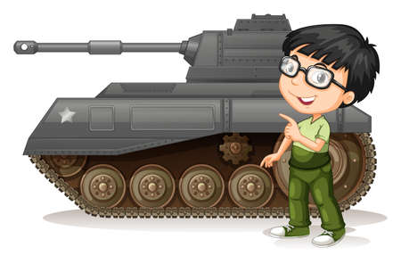 Little boy with fighting tank illustrationのイラスト素材