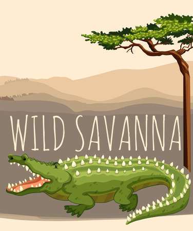 Wild savanna with tree and crocodile illustrationのイラスト素材