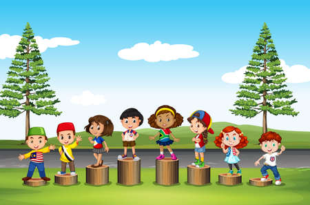 Children standing on logs in the park illustrationのイラスト素材