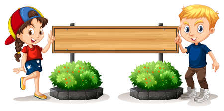 Boy and girl by the wooden board illustrationのイラスト素材
