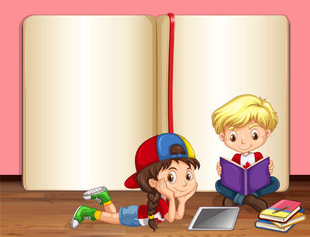 Boy and girl reading books illustrationのイラスト素材