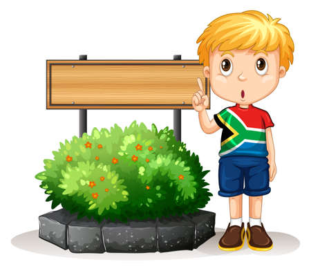 Little boy standing next to the sign illustrationのイラスト素材