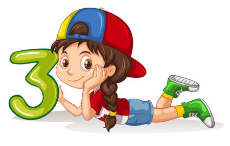 Girl holding number three illustrationのイラスト素材