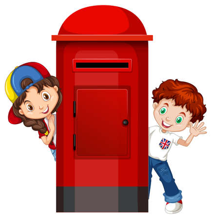 Boy and girl behind the post box illustrationのイラスト素材