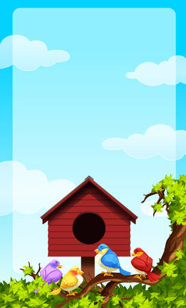 Little birds and bird house illustrationのイラスト素材