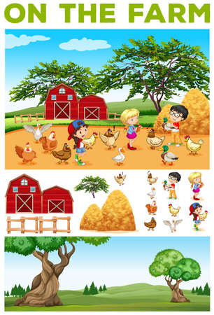 Children and animals on the farm illustrationのイラスト素材