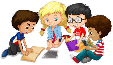 Group of children doing homework illustrationのイラスト素材