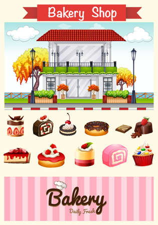 Bakery shop and desserts illustrationのイラスト素材