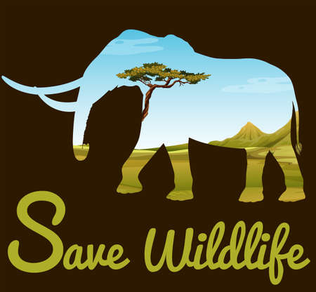 Save wildlife theme with elephant and field illustrationのイラスト素材
