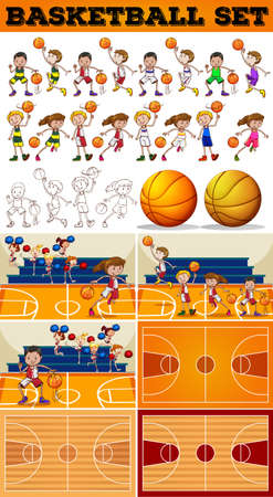 Basketball set with players and courts illustrationのイラスト素材