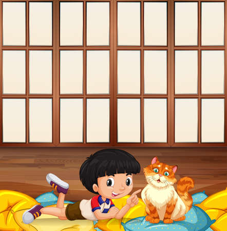 Boy playing with kitten in a room illustrationのイラスト素材