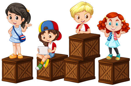 Children on the wooden boxes illustrationのイラスト素材