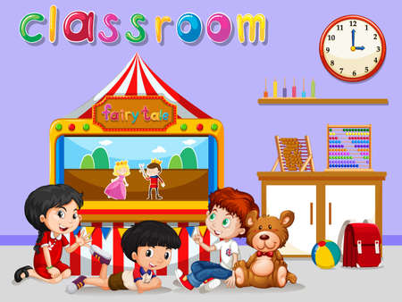 Children watching puppet in classroom illustrationのイラスト素材