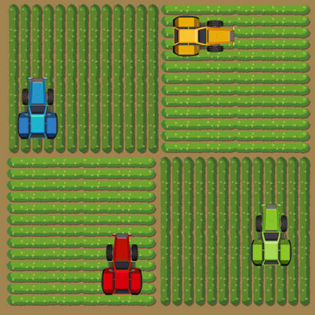 Top view of tractors working on the farm illustrationのイラスト素材