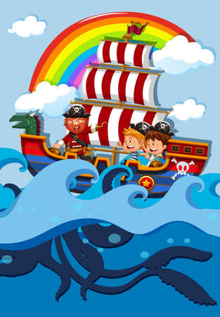 Children on boat with pirate illustrationのイラスト素材