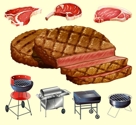 Different kind of meat and grill equipment illustrationのイラスト素材