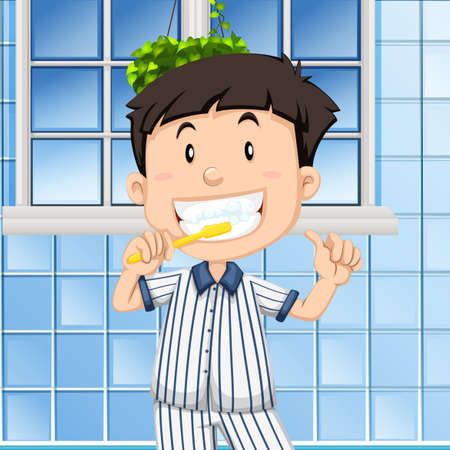 Boy brushing teeth in the bathroom illustrationのイラスト素材