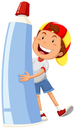 Boy holding large toothpaste illustrationのイラスト素材