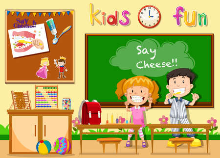 Children being happy in classroom illustrationのイラスト素材