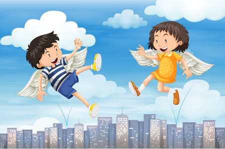 Boy and girl with wings flying in the sky illustrationのイラスト素材