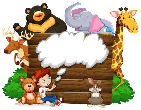 Boy and wild animals  illustrationのイラスト素材