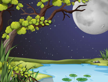 River scene on fullmoon night illustrationのイラスト素材