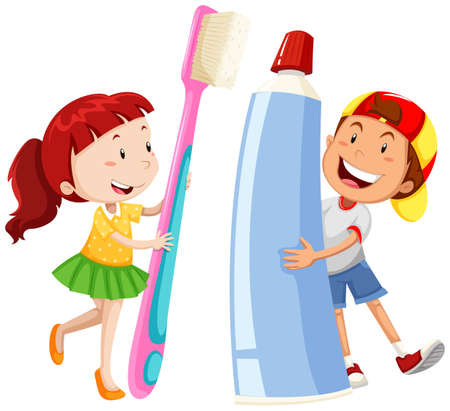 Boy and girl with giant toothbrush and paste illustrationのイラスト素材