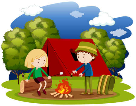 Woman and man camping at night illustrationのイラスト素材