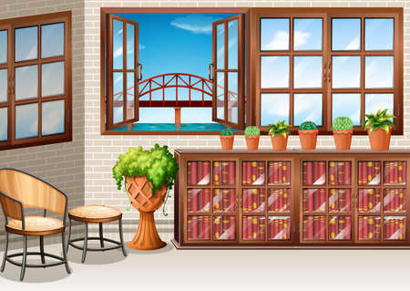Room with ocean view from window illustrationのイラスト素材