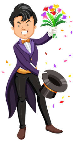 Magician pulling flowers out of a hat illustrationのイラスト素材
