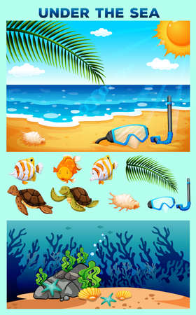 Ocean theme with beach and underwater illustrationのイラスト素材