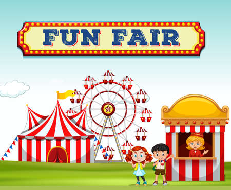 Children buying ticket at fun fair illustrationのイラスト素材