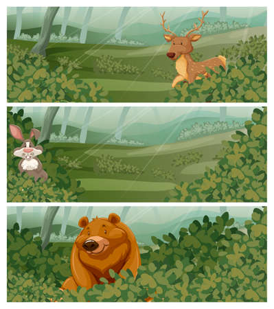 Wild animals in the forest at day time illustrationのイラスト素材