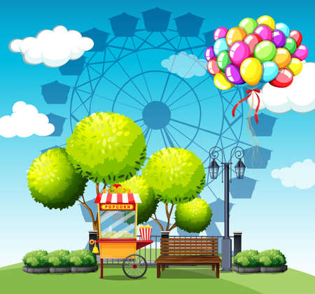 Park with popcorn vendor and balloons illustrationのイラスト素材