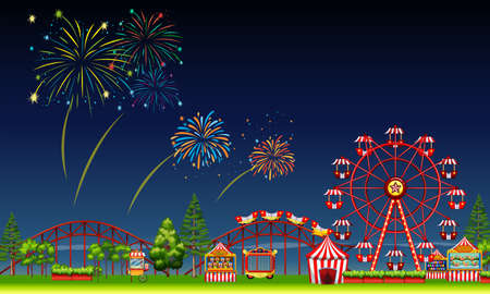 Amusement park scene at night with fireworks illustrationのイラスト素材