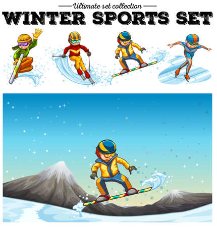 People playing winter sports illustrationのイラスト素材
