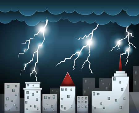 Thunderstorm and dark clouds over city illustrationのイラスト素材